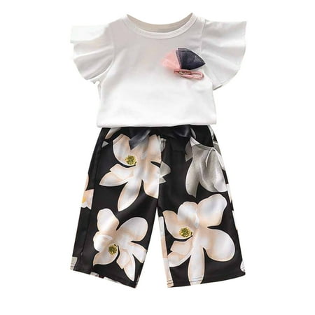 

ZHUASHUM Toddler Kids Baby Girls Short Sleeve T Shirt Tops Floral Bow Loose Pants 2PCS Outfits Clothes Set