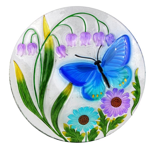 Alpine Corporation 18Inch Glass Butterfly and Flowers Bird Bath