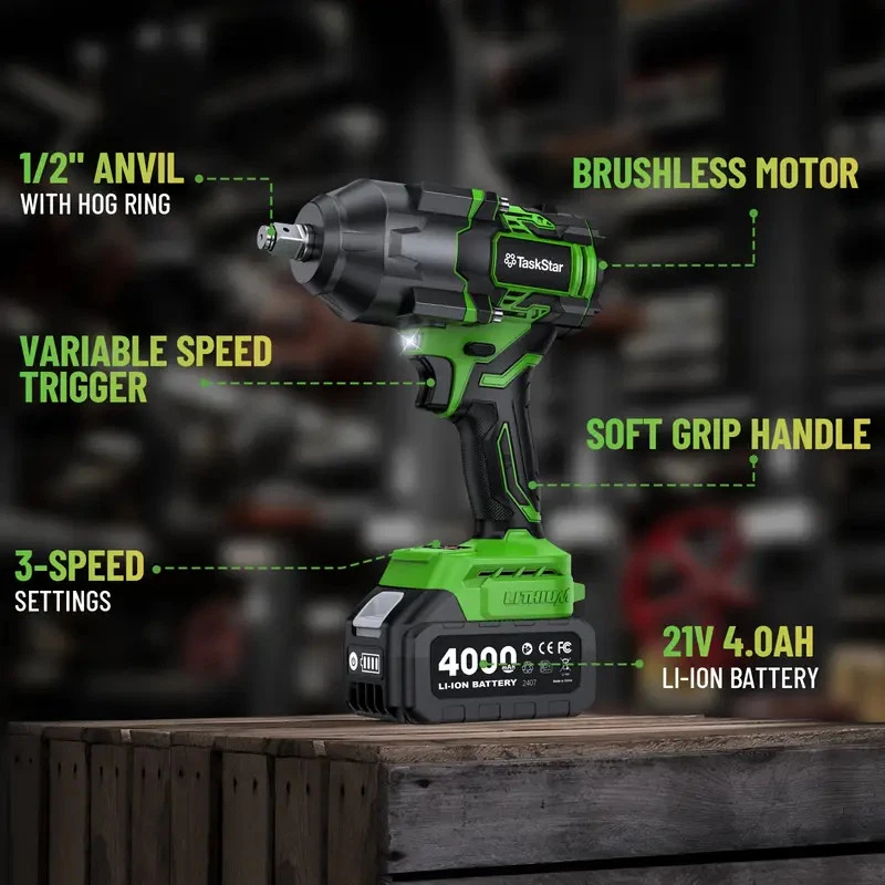 TaskStar 1/2" Brushless Electric Impact Wrench, 1180 ft-lbs (1600Nm) High Torque Power Torque Wrench with 4.0Ah Battery & 8 Sockets