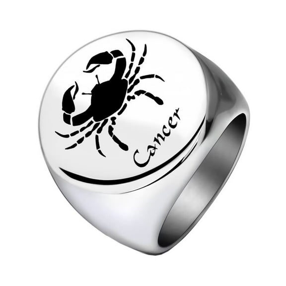 PAMTIER Men's Stainless Steel Simple High Polished Round Horoscope Cancer Engraved Ring Punk Style Silver Size 13