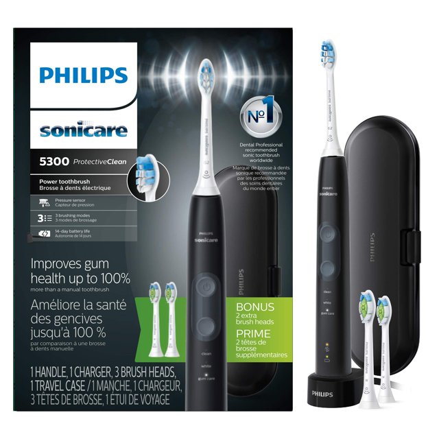 Philips Sonicare ProtectiveClean 5300 Rechargeable Electric Toothbrush, with Pressure Sensor, 3 Cleaning Modes, SmarTimer and QuadPacer, with 2 Bonus Brush Heads, Travel