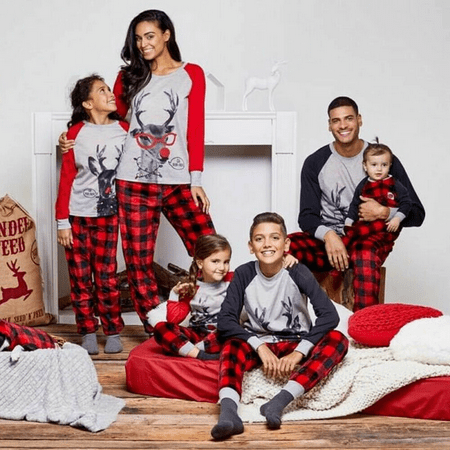 

Christmas Family Pajamas Sets Deer Print Long Sleeve Tops+Plaid Long Pants