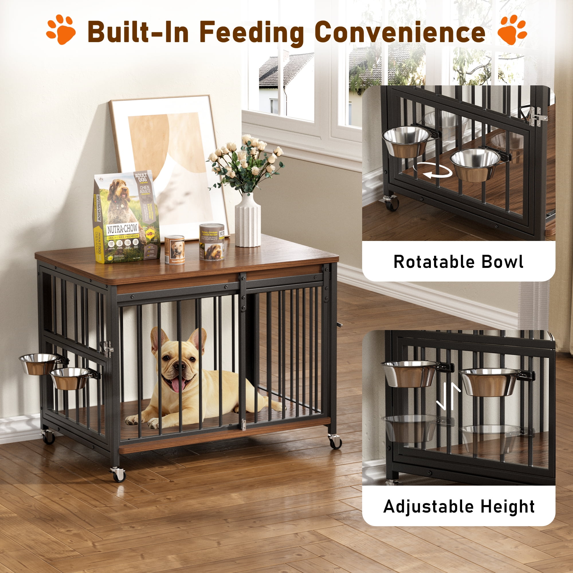Cofiyard Dog Crate Furniture, 32" Wooden Dog Kennel Indoor with Sliding Front Door, Multi-Side Openings & Feeding Window Pet Cage House, Brown End Table, S