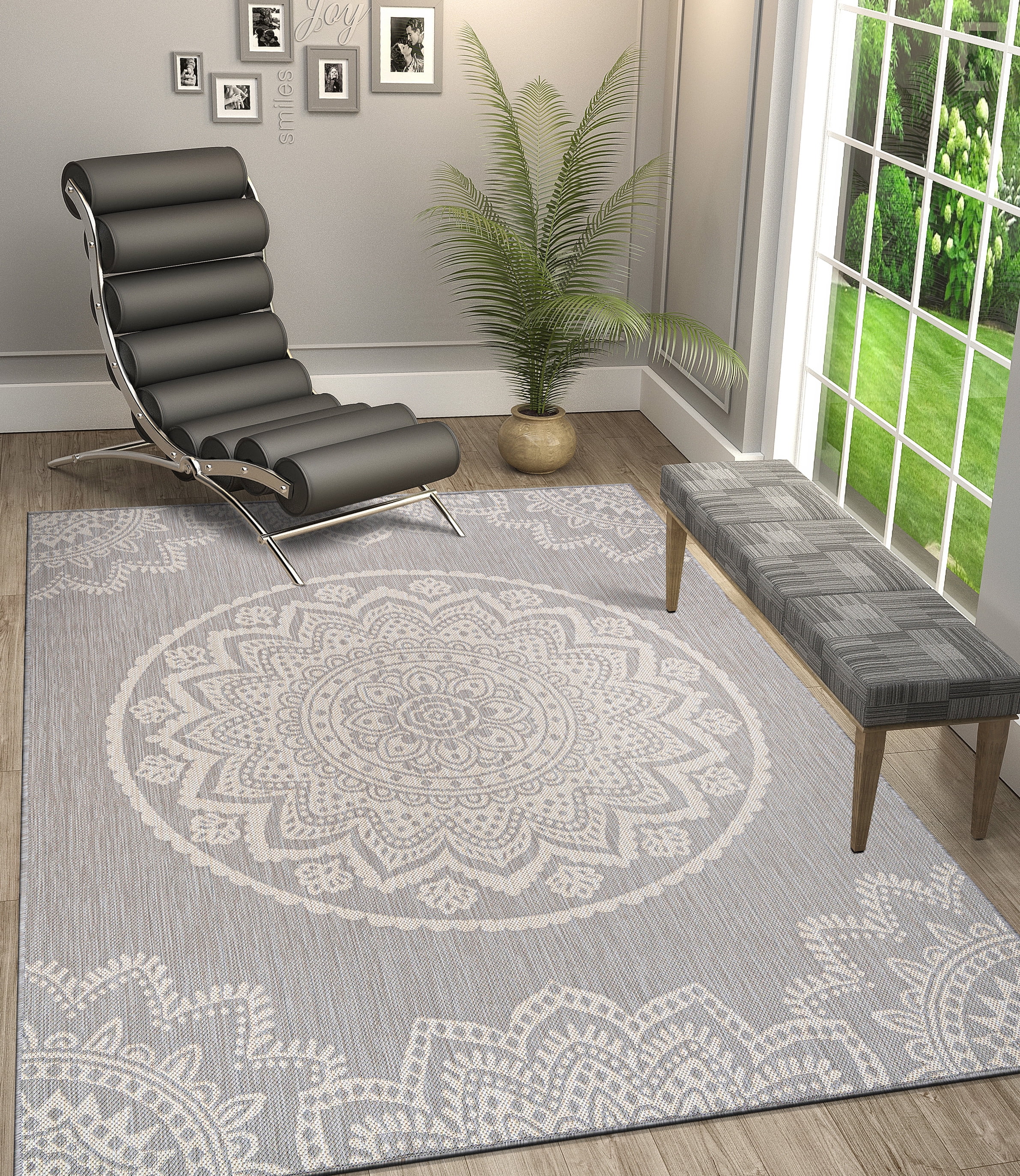 CAMILSON Indoor Outdoor Rug, 6' x 9' Grey Medallion Area Rugs
