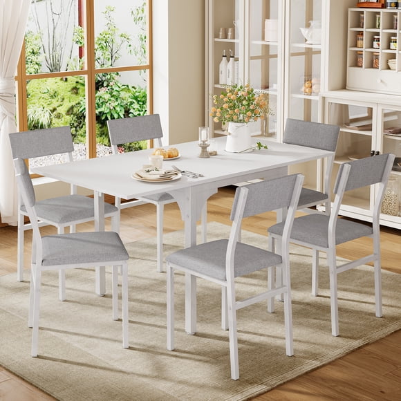 Comedor Extendible 6 Personas Mesa Expandible de 75 cm a 150 cm con 6 Sillas Tapizadas Blanco