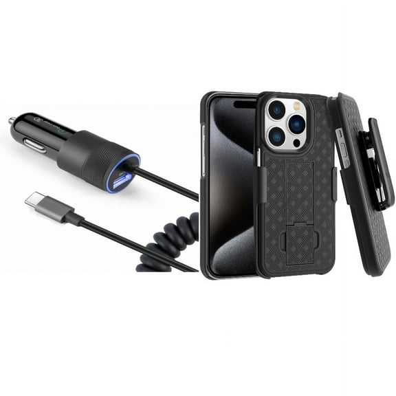 Case Belt Clip & 36W Fast Car Charger for iPhone 15 Pro - Holster Swivel Cover Kickstand and USB-C Power Adapter Coiled Type-C Cable Extra USB Port J1W for iPhone 15 Pro (6.1")