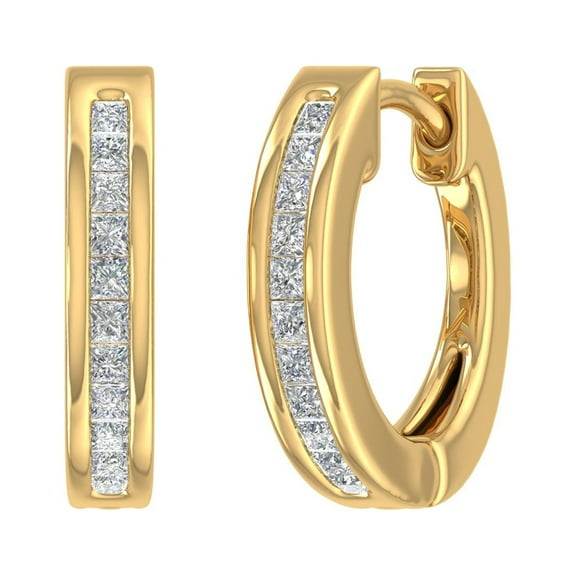 1/4 Carat Princess Cut Diamond Hoop Earrings in 14K Yellow Gold - IGI Certified (I1-I2 Clarity)