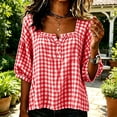 thumbnail image 4 of Warop Women's French Square Neck Plaid Shirt Summer Puff Mid Sleeve Loose Blouse Versatile for Daily Vacation Outing, 4 of 5
