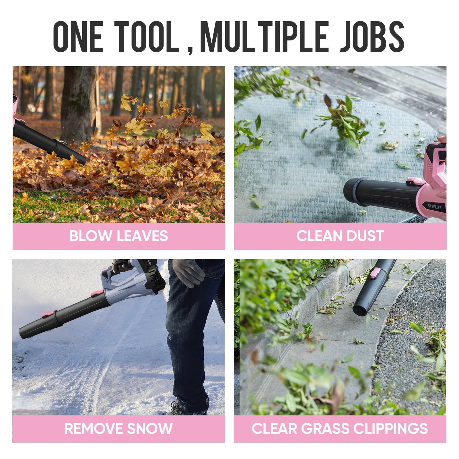 Steelite 21V Cordless Leaf Blower,150 MPH 600 CFM,Electric Leaf Blower with 2 x 2.0Ah Battery Packs and Charger,Lightweight Battery Powered Leaf Blower for Lawn Care, Patio Cleaning,Pink