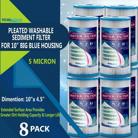 Big Blue Pleated Washable & Reusable Sediment Filter 5 Micron Amplified Surface Area, Removes Sand, Dirt, Silt, Rust, Extended Filter Life for 10