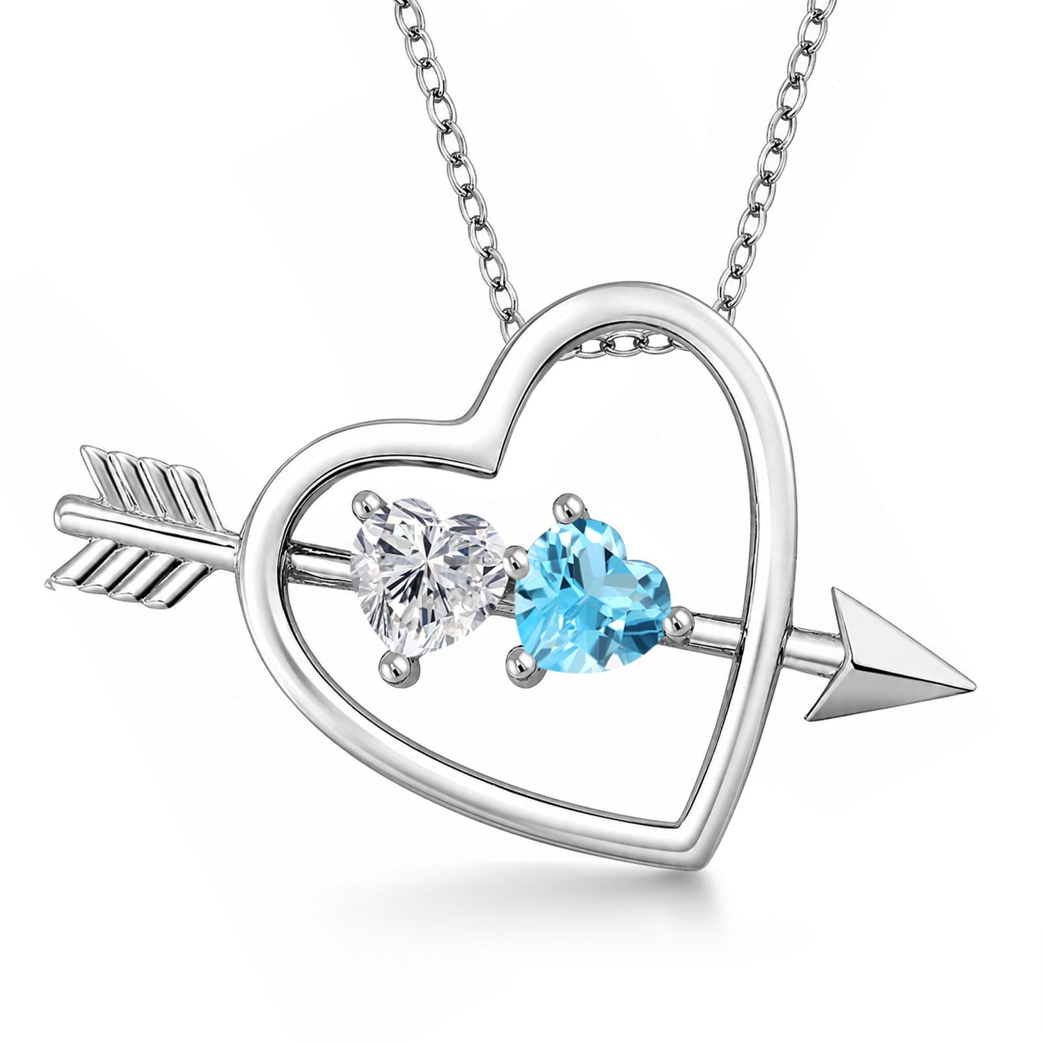 Gem Stone King 925 Sterling Silver Lab Grown Diamond and Swiss Blue Topaz Pendant Necklace for Women | 0.99 Cttw | Gemstone April Birthstone | Heart Shape 5MM | With 18 inch Chain