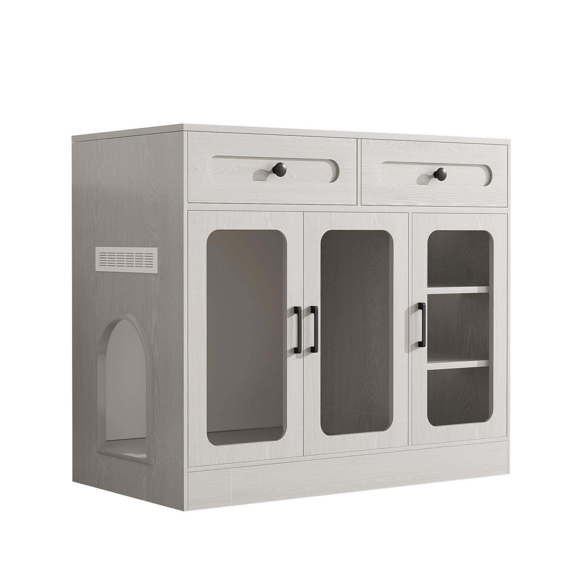 Aukfa Hidden Cat Litter Box Enclosure with LED Light, Cat Litter Box Cabinet with Storage Drawer & Acrylic Door, Modern Cat Furniture Side Table,Gray