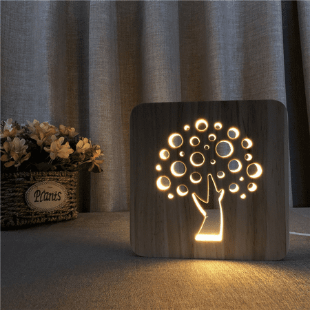 

Light Bulb Night Light For Tree Shape Wooden 3D Lamp Creative Wooden Lights Simple Decorative Lights 3D Wood Carving Pattern LED Night Light for Desk