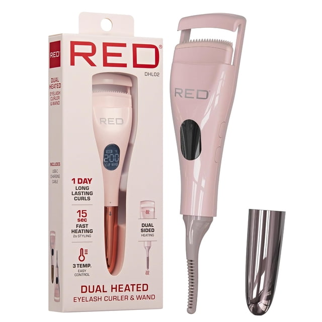 Red by Kiss Rizador de pestañas y varita con doble calefacción (2 en 1) Mini rizador de pestañas eléctrico de viaje de calor rápido con peine de silicona USB-C Pantalla LED 24 horas de larga duración