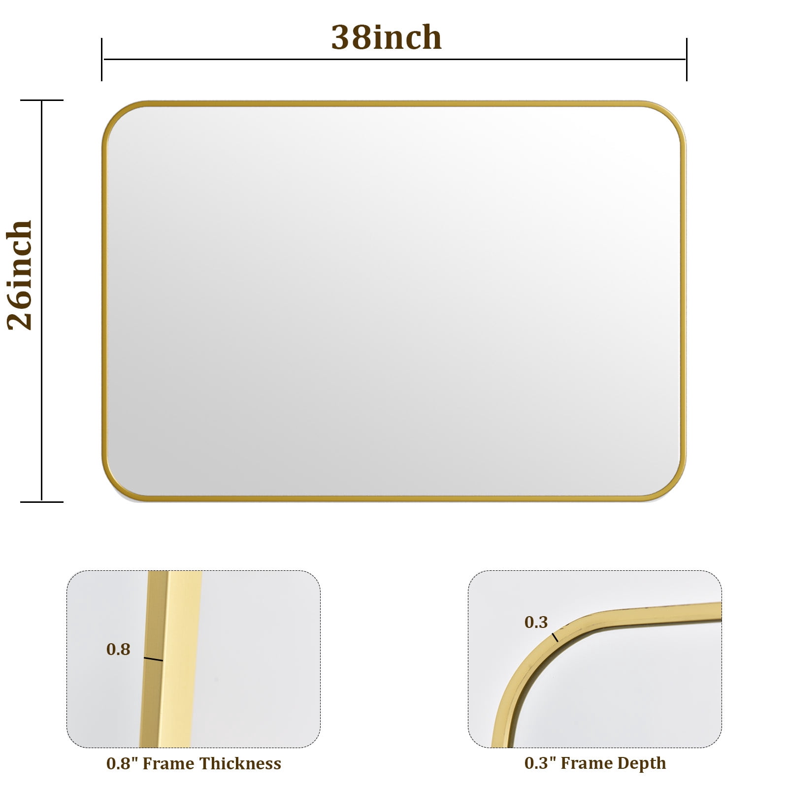 SHATTERVIEW 26"x38" Bathroom Mirror Wall-Mounted Vanity Mirror with Rectangular Metal Frame, Gold