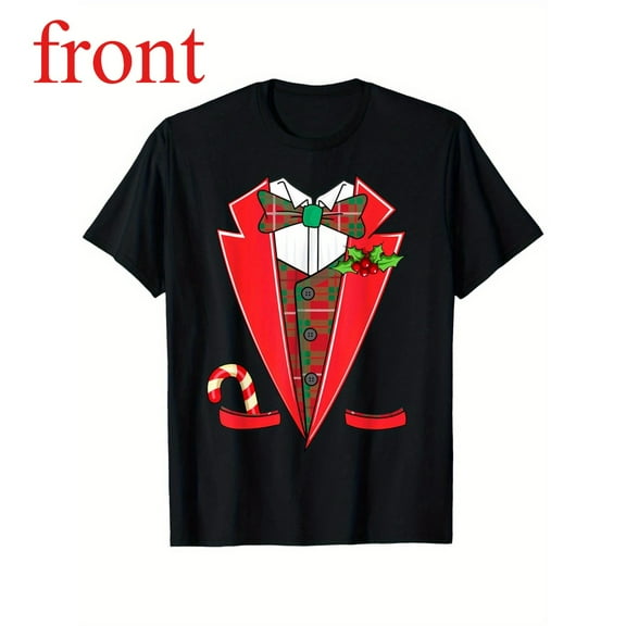 Christmas Tuxedo Tee Santa Hat Candy Cane Graphic Festive Top Short Sleeve Round Neck Commuting Black S-5XL