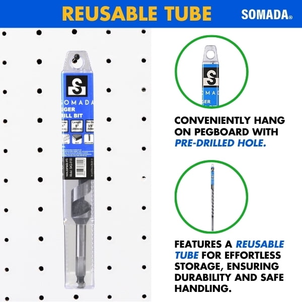 SOMADA 3/8-inch x 8-inch Auger Drill Bit for Wood, Quick Change Hex Shank 3/8-inch, Ship Auger Long Drill Bit for Soft and Hard Wood, Plastic, Drywall and Composite Materials