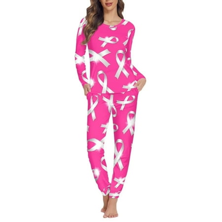 

Renewold 2 Piece Winter Pajamas for Women Warm Comfortable Nightwear Glittering Pink Ribbons Print Sleepwear Crew Neck Long Sleeve Pajamas Tops and Pants Lounge Set Size S