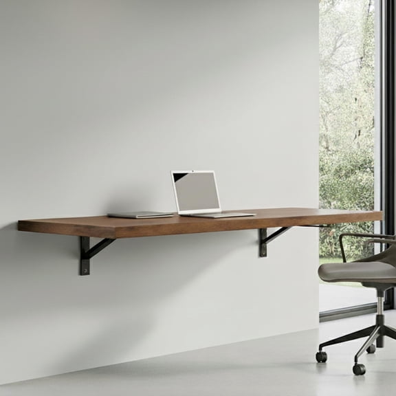 Wall Mounted Folding Desk Brown Wood Finish Compact Drop-Down Workbench