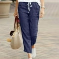 thumbnail image 2 of Dezsed Womens Cotton Linen Loose Casual Pants Elastic Waist Straight Pants Summer Beach Trousers with Pockets Navy M, 2 of 7
