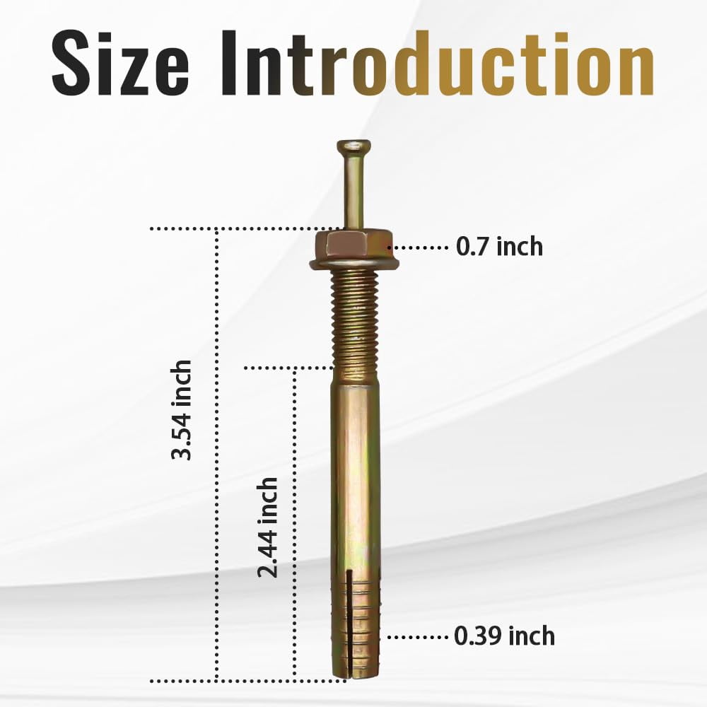 3/8” 3-1/2” drive-in anchor, hammer type nail expansion anchor, metal impact core nail screw fasteners, suitable for concrete and cement (20 pieces)