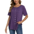 thumbnail image 3 of Women Summer Button Up Front Tops Shirts Casual Loose Pullover T-shirt Round Neck Pleated Tunic Blouses for Ladies Comfy Plain Tee, 3 of 9