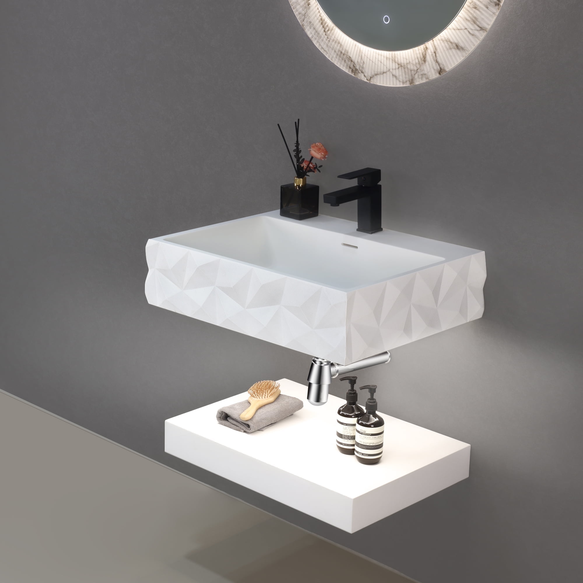 GESIPOR 24"x19" Bathroom Floating Vanity Sink with LED Light, Wall-Mount Stone Resin Bathroom Vessel Sink Rectangular Modern Art Basin with Shelf Layer