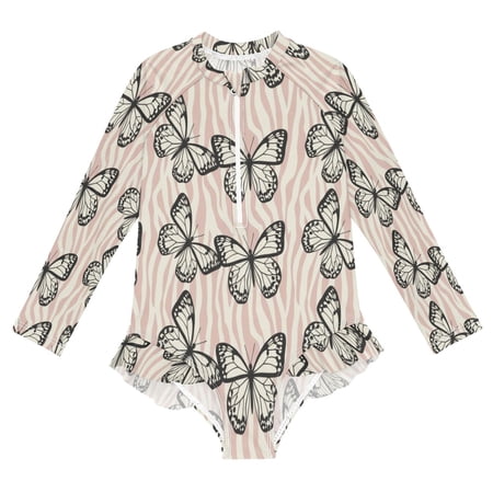 BZSMCE Swimwear Butterfly Zebra Print For Long Sleeve One-Piece Swimsuit UPF 50 And UV Protection Quick Dry Chlorine ResistantButterfly Zebra Print Pattern