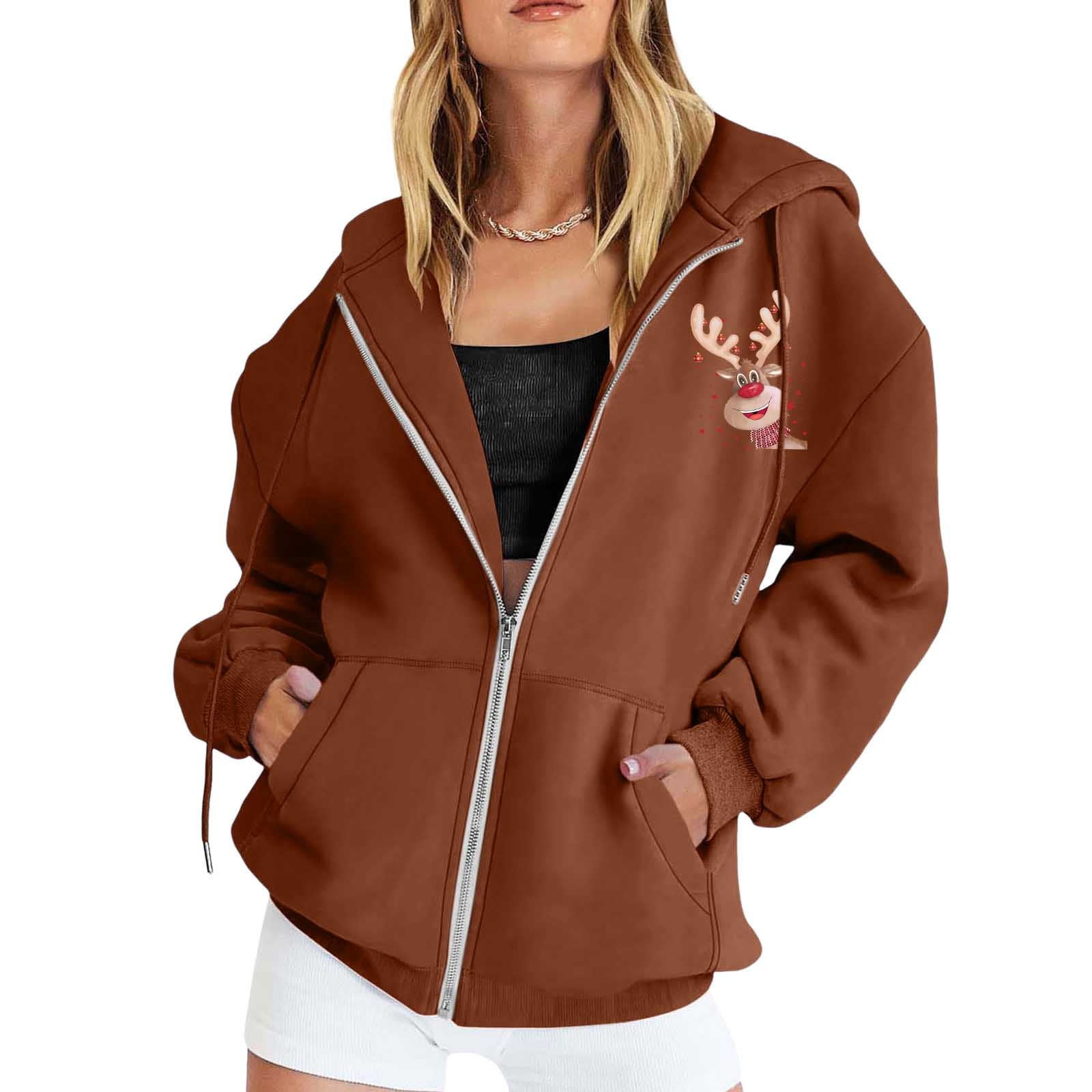 Ugly Christmas Hoodies for Women Zip Up Xmas Graphic Print Fleece Hooded Sweatshirts Funny Holiday Party Casual Jackets