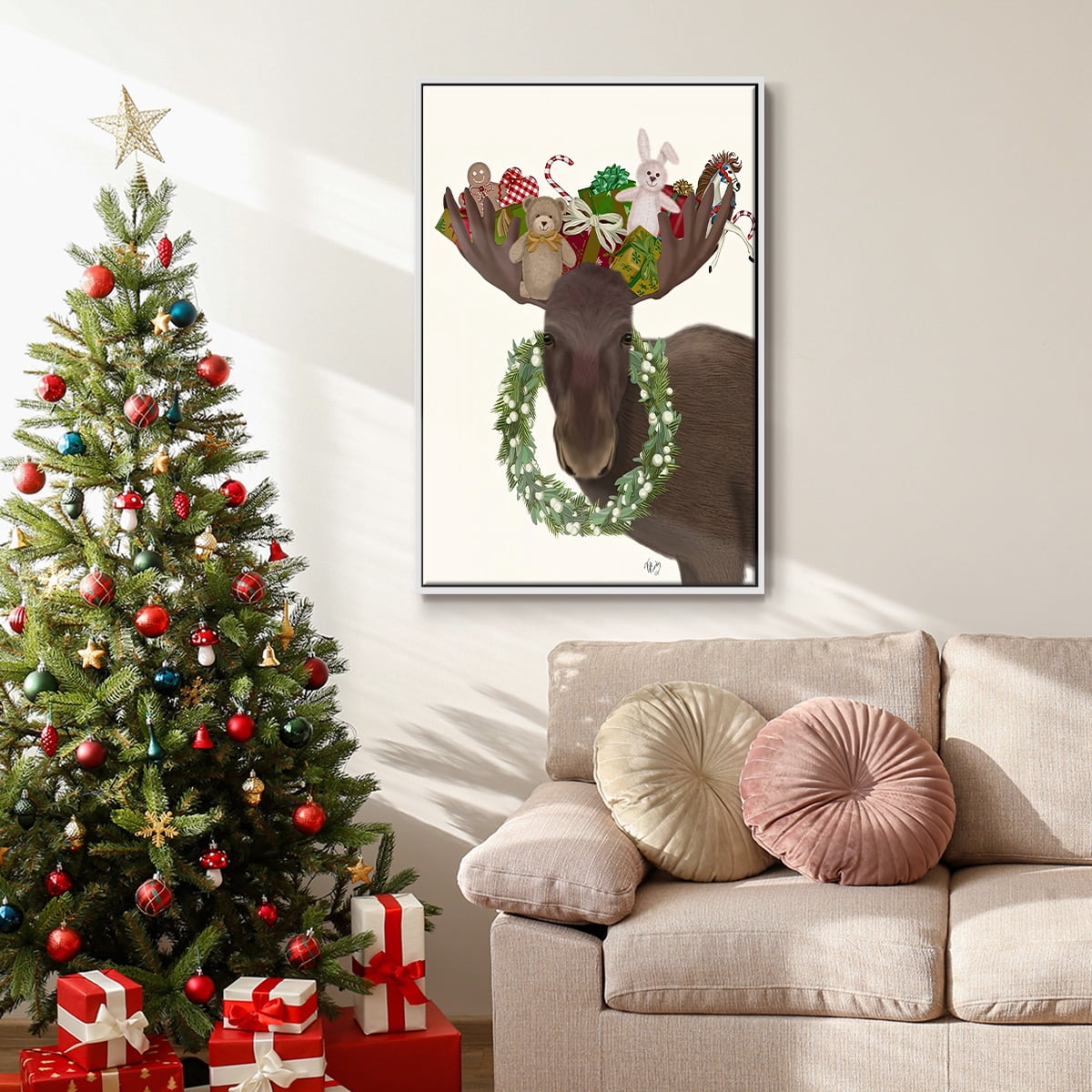 Christmas Moose and Christmas Gifts - Framed Gallery Wrapped Holiday Canvas - 25 x 37 - White Frame