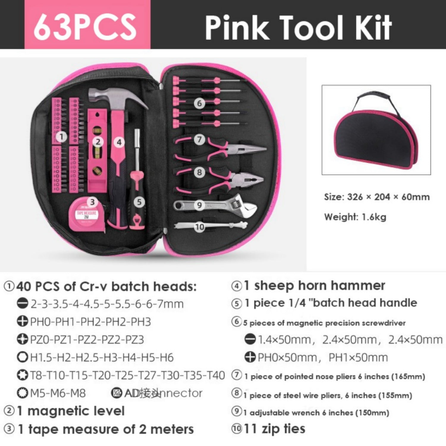Pink Tool Kit - 128 Pieces Pink Tool Set with Easy Carrying Round Pouch, Household Tool Kit Perfect for DIY, Home Maintenance