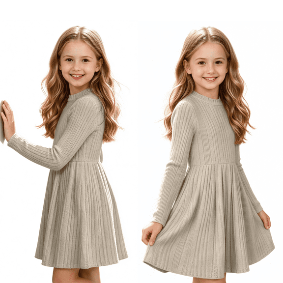 Cmtiyu Girls Fall Dresses Long Sleeve Crew Neck Pocket Ribbed Knit Dress Soft Lightweight Casual Khaki A Line Swing Dress for Girls 5-15 Years