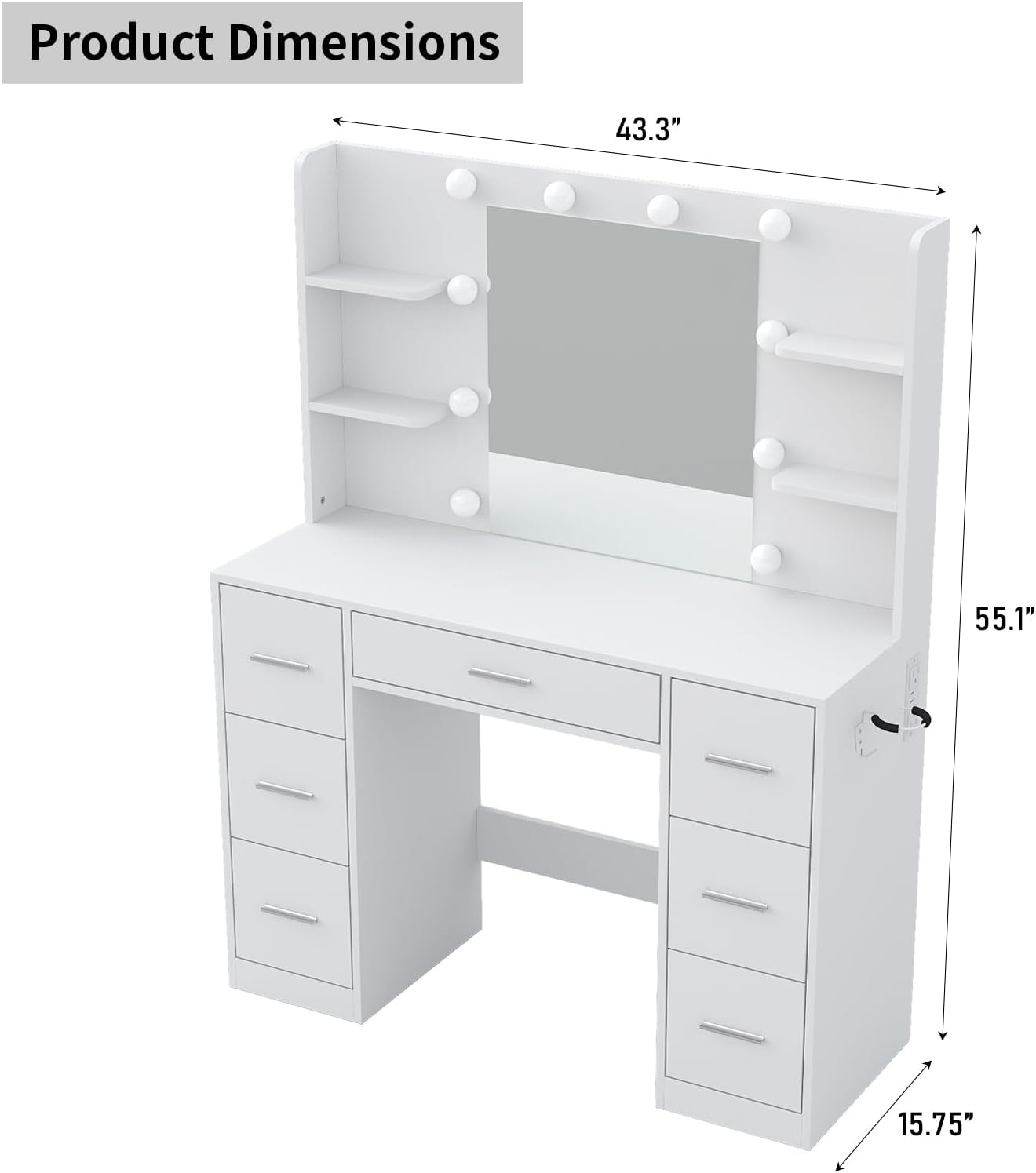 Makeup Vanity Desk with Lights and Mirror ,Dressing Table with 7 Drawers, Power Outlets, 3 Light Modes for Bedroom, White