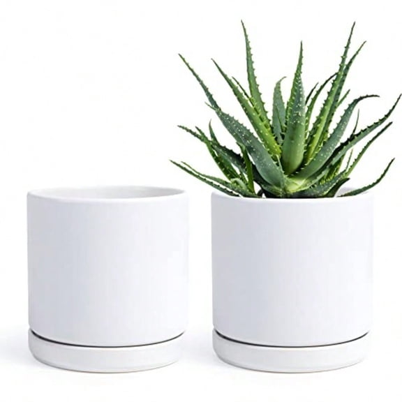 Set Of 2 Plants Pots 6 Inch Ceramic Planter Pot For Plants With Drainage Hole And Saucer White 94VC1