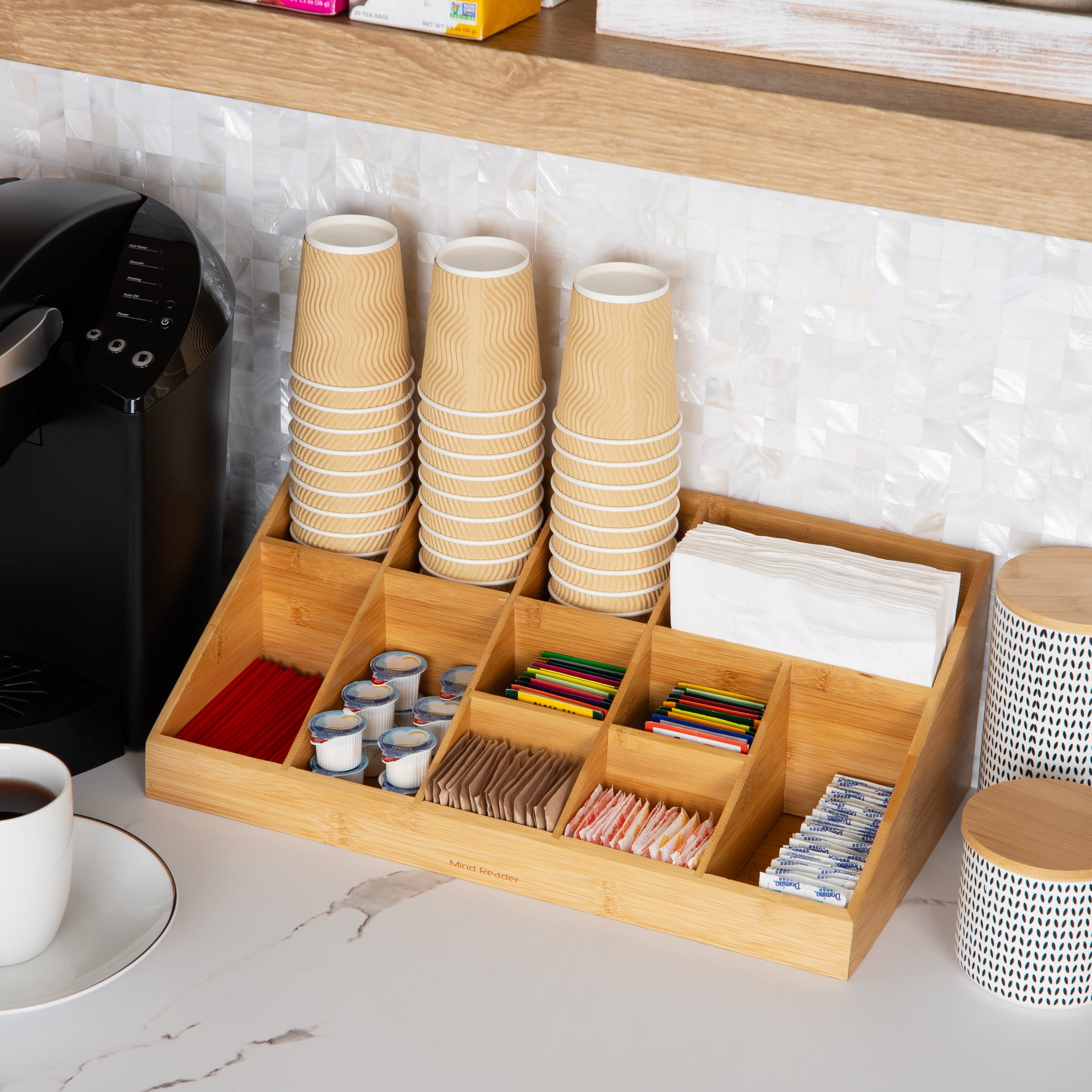 Mind Reader Cup and Condiment Station, Countertop Org, Coffee Bar, Rayon from Bamboo, Brown