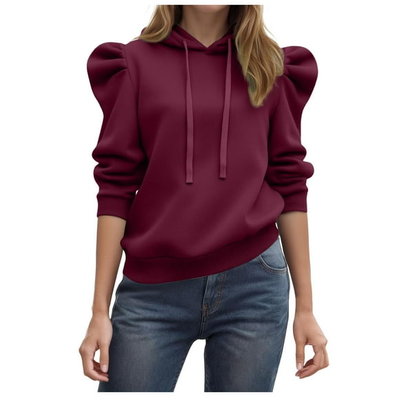 vigerkar Puff Sleeve Sweatshirt Women Casual Long Latern Sleeve Drawstring Hooded Pullover (Wine, M)