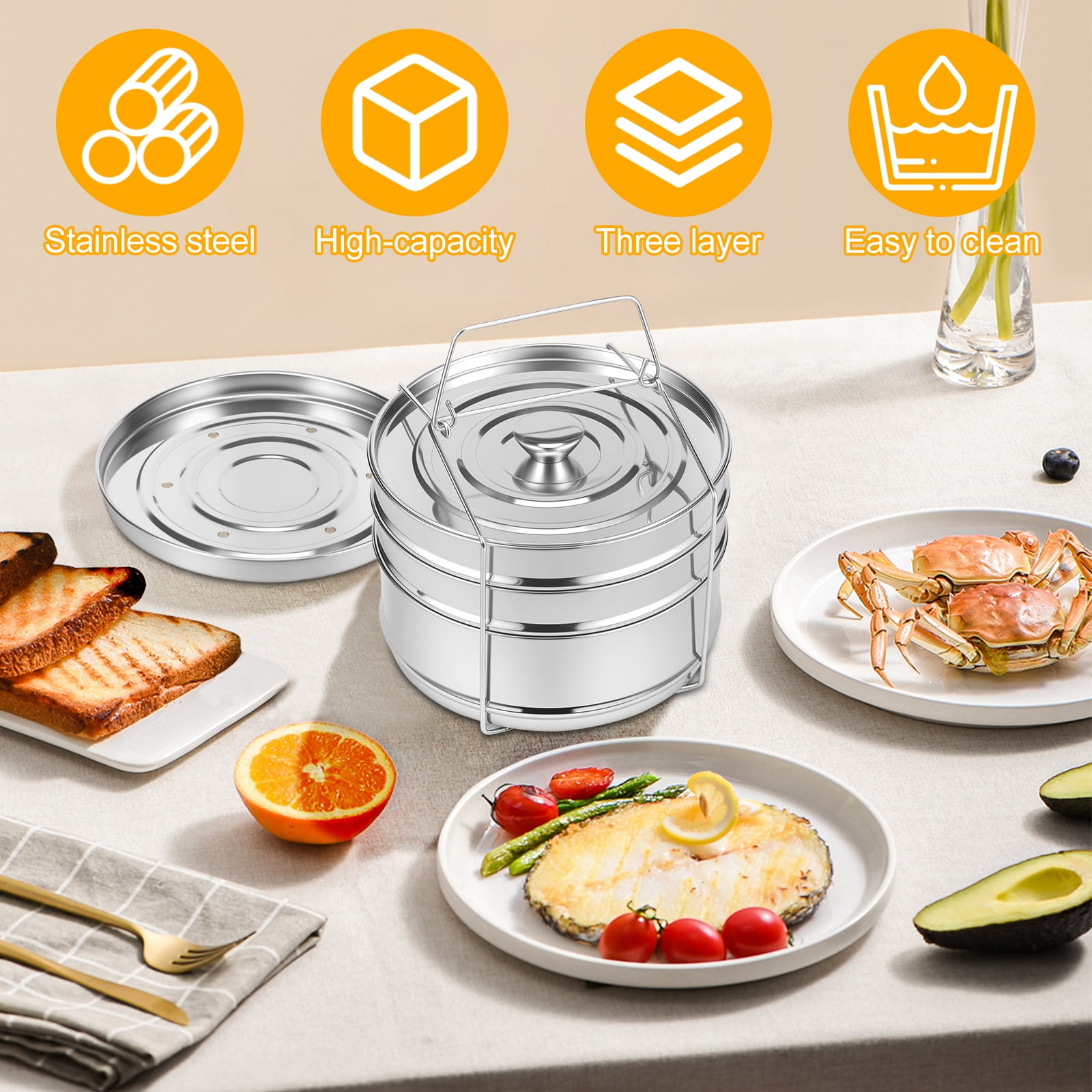 3 Tier Steamer Insert Pan 304 Stainless Steel Pressure Cooker Insert Pan Large Capacity Pressure Cooker Accessories for Steaming Vegetable Fish Meat