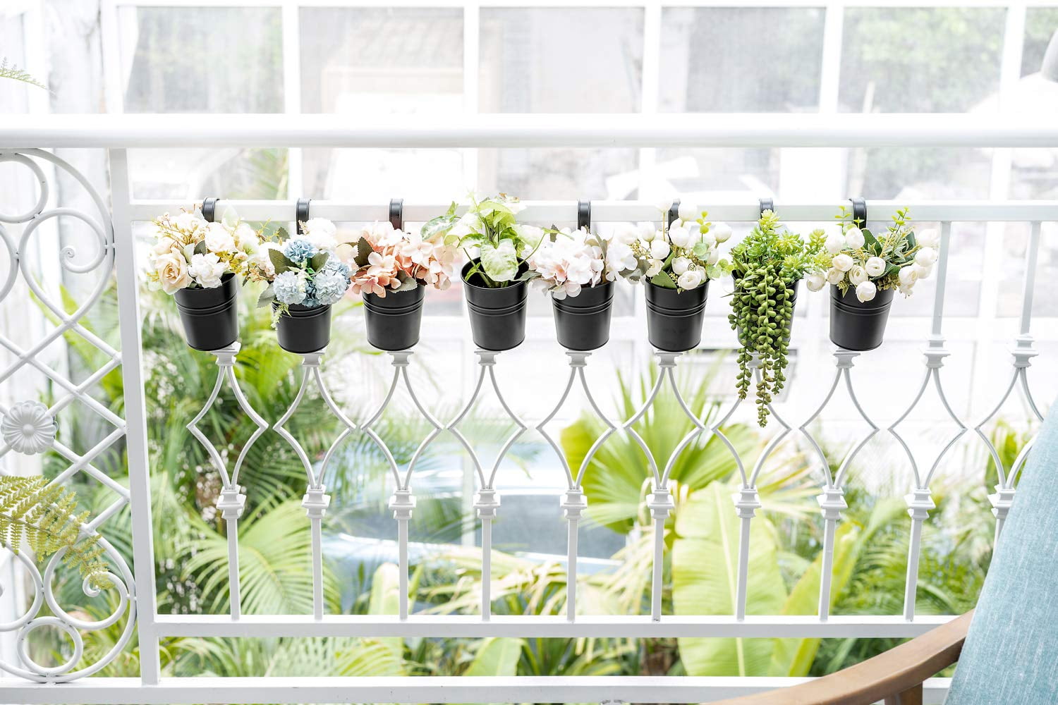 10 Pcs Hanging Flower Pots Metal Iron Bucket Planter for Railing Fence Balcony Garden Home Decoration Flower Holders with Detachable Hooks, White, 4 inches