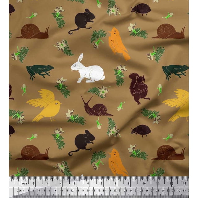 Soimoi Moss Georgette Fabric Bird,Squirrel & Rabbit Animal Decor Fabric Printed Yard 42 Inch Wide