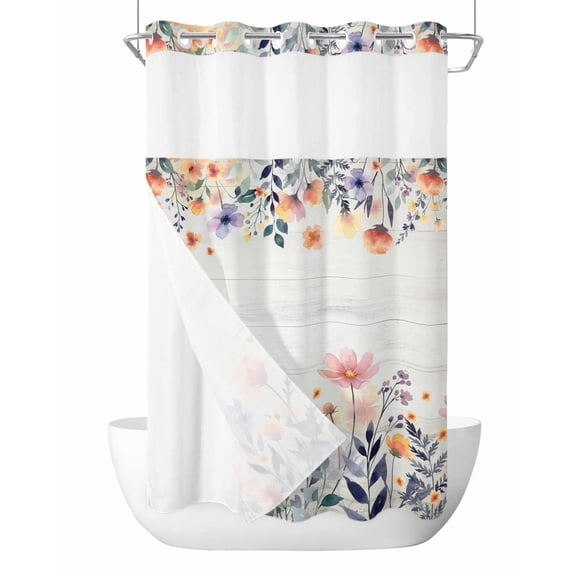 No Hook Shower Curtain with Snap-in Liner, Pink Spring Floral Waterproof Fabric Bathroom Curtains, Elegant Flowers Farmhouse Botanical Wooden Bath Curtains & Mesh Top Window Stand Up Stall 36"x72"