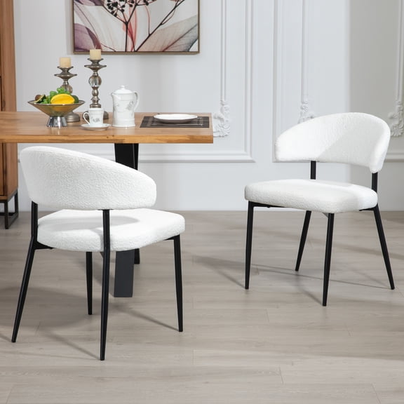 Set of 2 Ayoka White Boucle Dining Chairs with Black Iron Legs