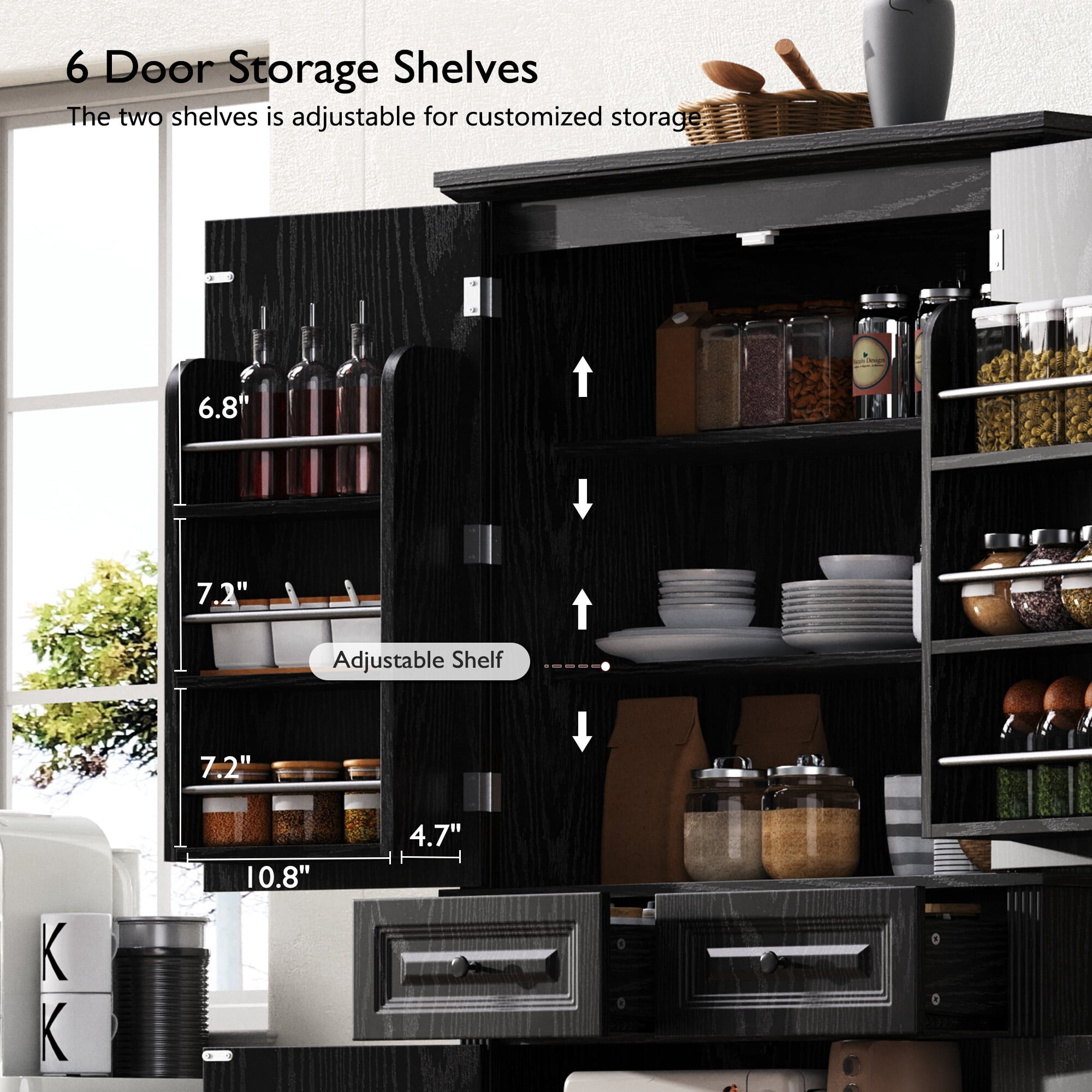 71" Tall Kitchen Pantry Cabinet with 3 Pull-Out Organizers, 6 Door Shelves, 2 Drawers, Farmhouse Embossed Texture, Freestanding Storage for Kitchen & Dining Room