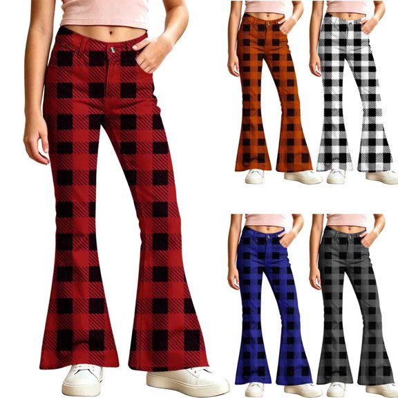Nekdswn Girls Plaid Flare Pants Fashion Checkered High Waist Trousers with Pockets Pull On Classic Fit Bell Bottom Chinos for 5-16 Years