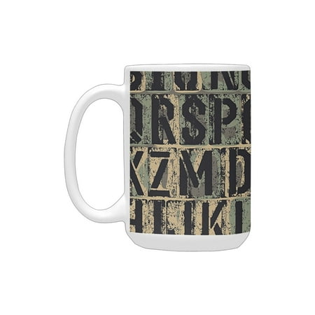 

Modern Typography with Typed Mixed Alphabet Letters Grunge Graphic Charcoal Grey Reseda Green Yellow Ceramic Mug (15 OZ) (Made In USA)