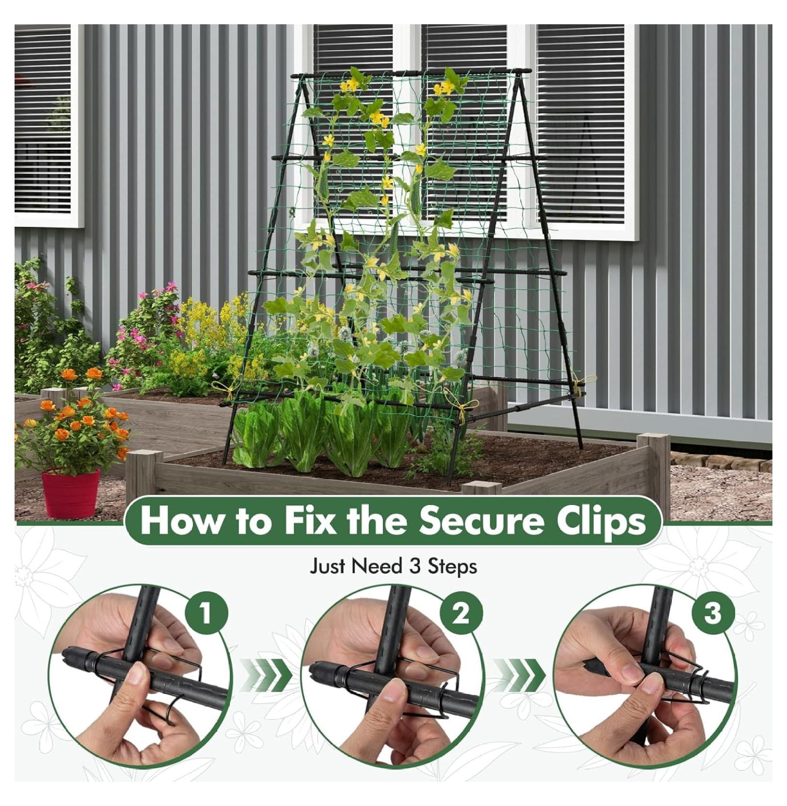 Garden Trellis for Climbing Plants Outdoor, A-Frame Plant Trellis with Netting, Heavy Duty Metal Poles, Plant Clips for Vines, Vegetables, Flowers