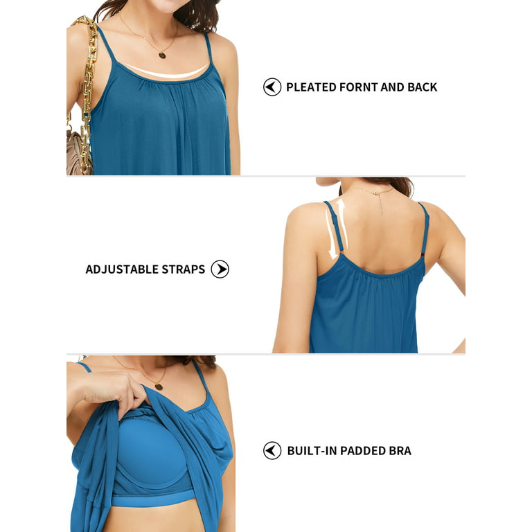 QRIC 2-Pack Women Cami with Built in Bra Cup Summer Casual Flowy Swing  Pleated Tank Top with Adjustable Strap, XXL