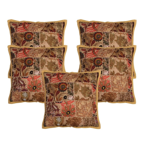 Stylo Culture Ethnic Sofa Throw Pillow Covers 16x16 Vintage Patchwork Khaki Brown Bohemian 40 x 40 cm Home Decor Cotton Floral Square Cushion Covers | Set Of 5