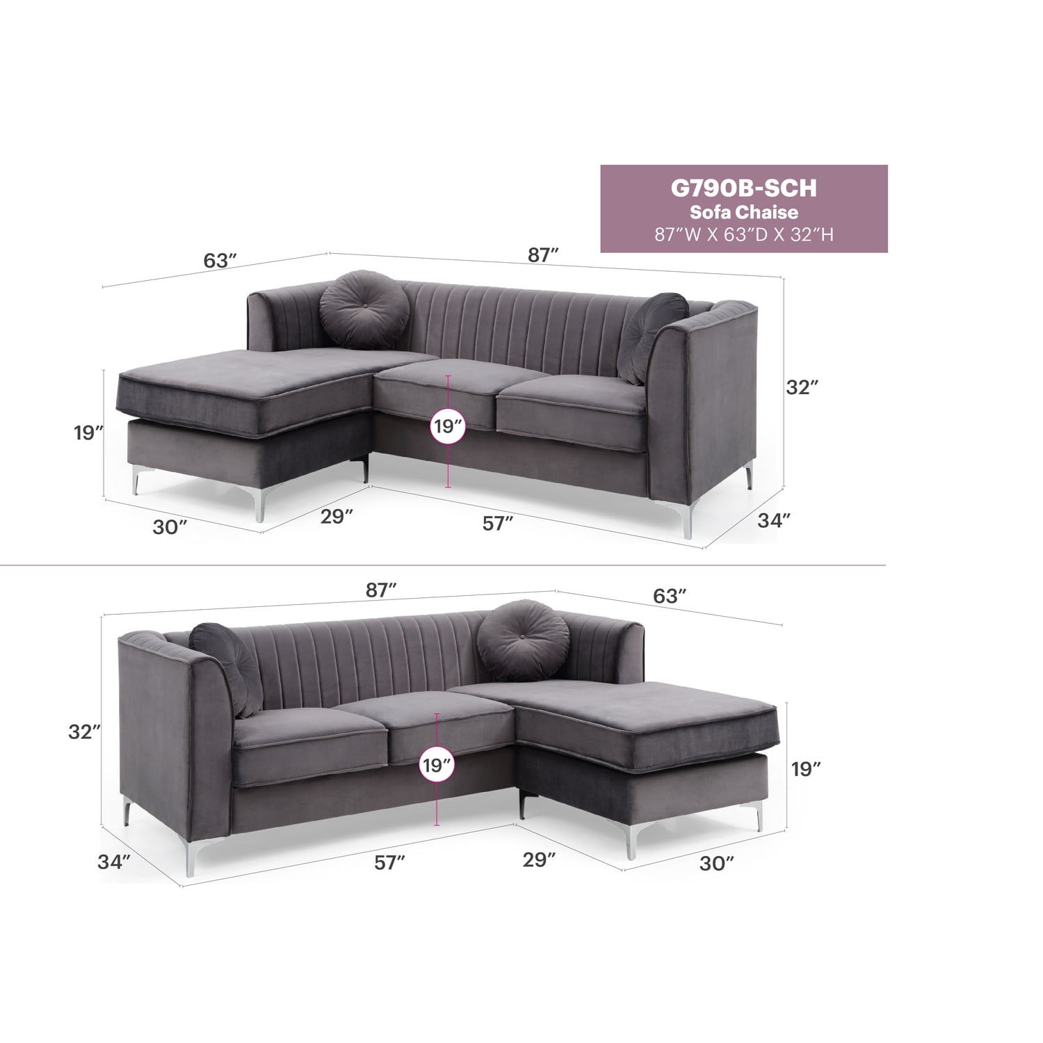 Glory Furniture Delray G790B-SC Sofa Chaise ( 3 Boxes) , GRAY