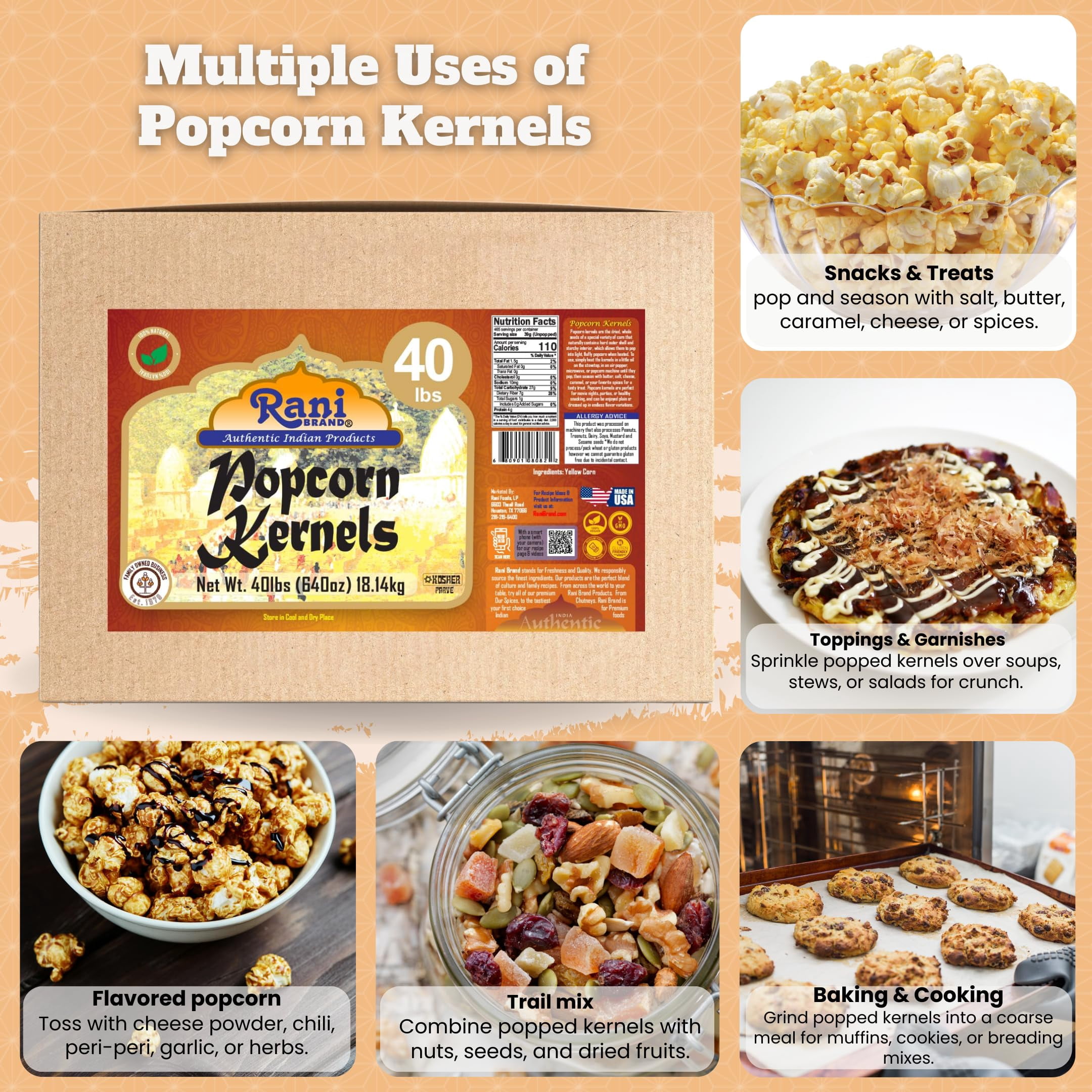 Rani Popcorn Kernels 40lbs (640oz) 18.14kg Bulk Box, Perfect for Stovetop, Microwave & Popcorn Machines ~ All Natural | Gluten Friendly | Vegan | NON-GMO | Kosher