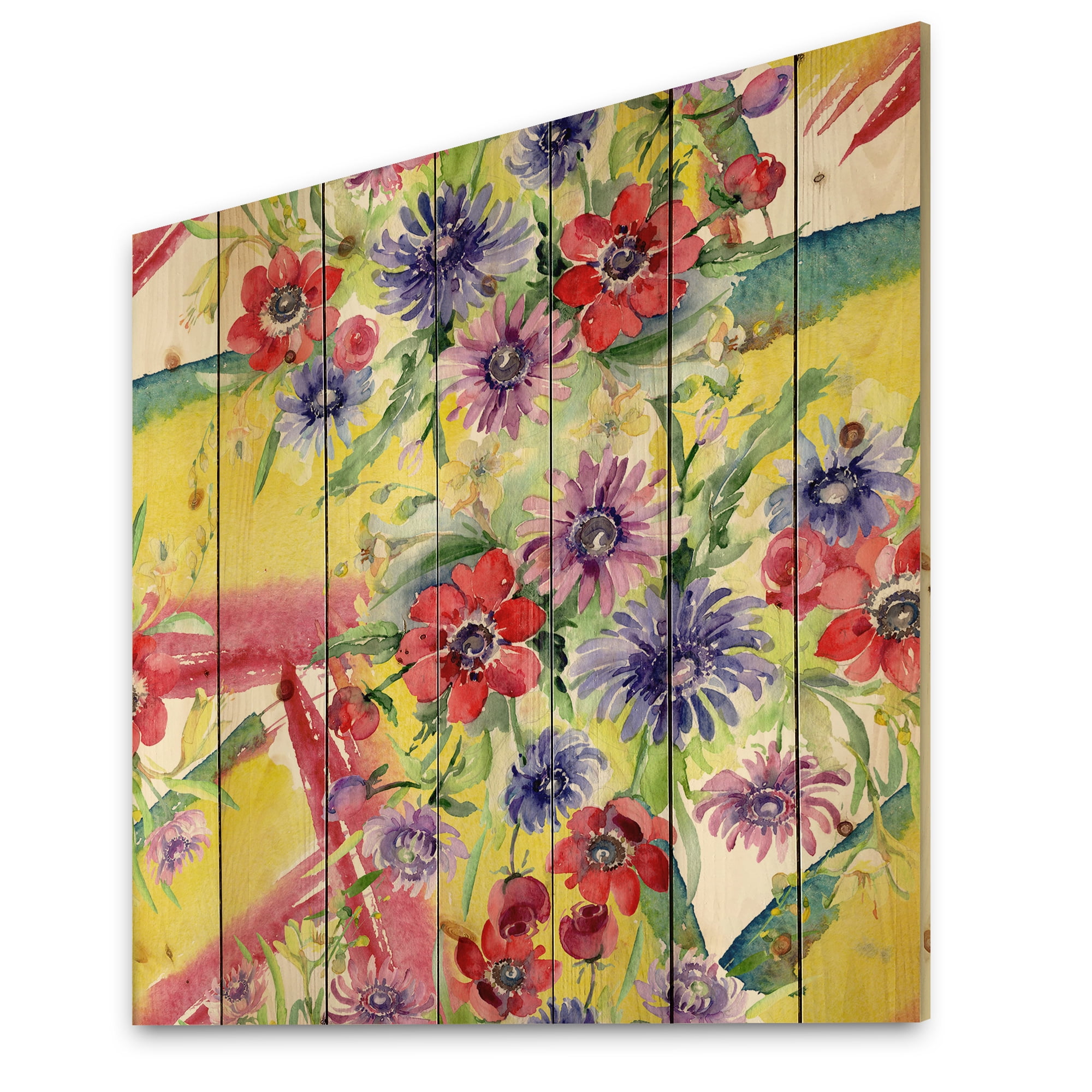 Designart 'Wildflowers and Vibrant Wild Spring Leaves V' Modern Print on Natural Pine Wood